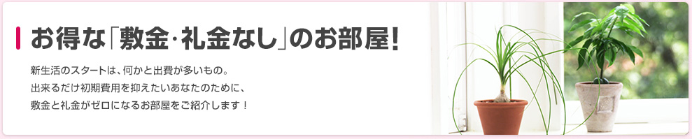 お得な「敷金・礼金なし」のお部屋！ 新生活のスタートは、何かと出費が多いもの。出来るだけ初期費用を抑えたいあなたのために、敷金と礼金がゼロになるお部屋をご紹介します！