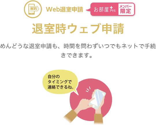 Web退出申請 お部屋プラスメンバー限定　退出時ウェブ申請　めんどうな退室申請も、時間を問わずいつでもネットで手続きできます。その他の契約内容変更もカンタンです。