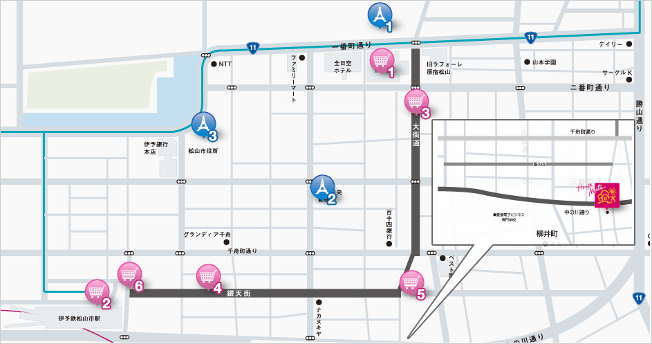 エリアマップ｜大街道・銀天街紹介スポット